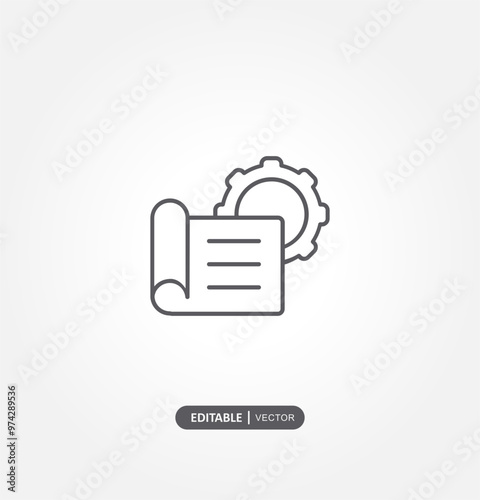 icon featuring a document or blueprint and a gear, possibly representing a technical or engineering concept.