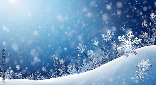 Blue winter background with snow and snowflacke photo