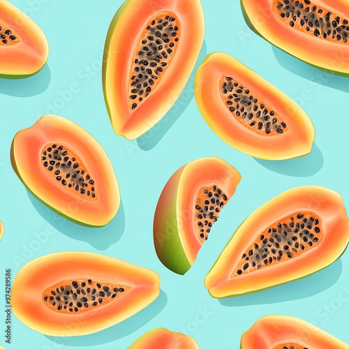 Vector illustration of papaya slices, pastel turquoise background, top down view