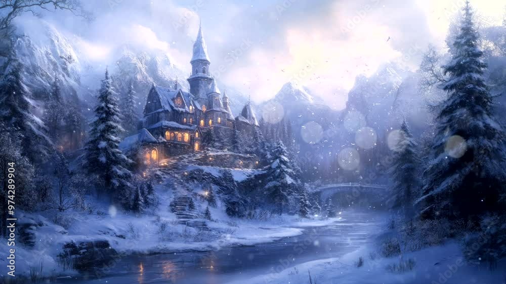 A majestic castle surrounded by a snowy forest and frozen river in winter seamless looping 4k time-lapse video background