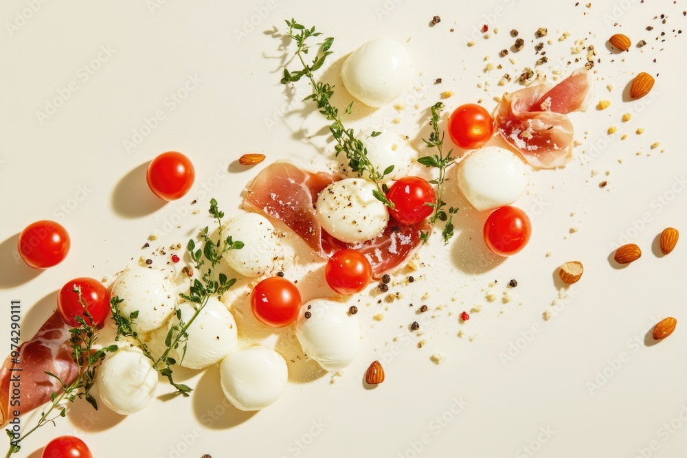 Fresh Mozzarella and Prosciutto Assortment with Cherry Tomatoes, Herbs, and Nuts on a Light Background – Perfect for Food Photography and Culinary Design Fresh Mozzarella and Prosciutto Assortment with Cherry Tomatoes, Herbs, and Nuts on a Light Background – Perfect for Food Photography and Culinary Design
