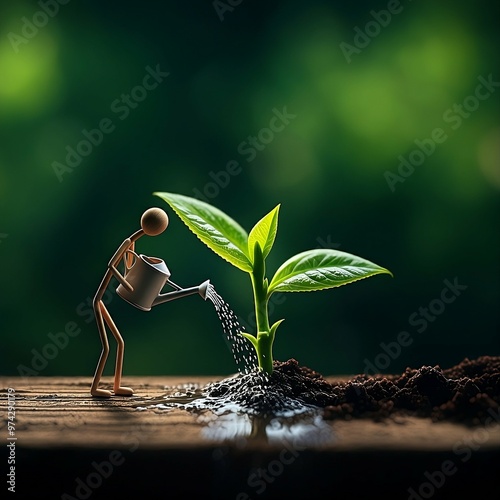 Hyper realistic macro photography of a stick man watering a plant stem.