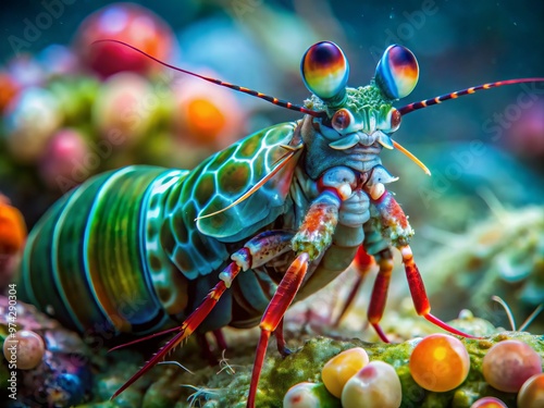 Vibrant, iridescent blue-green Hymenocera picta mantis shrimp showcase stunning colors, intricate patterns, and photo