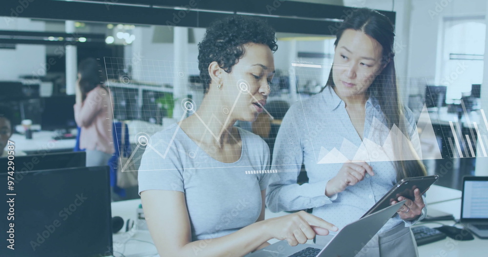 Obraz premium Image of financial data processing over diverse colleagues discussing work in office