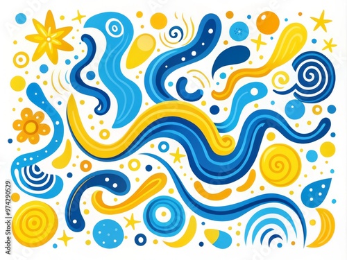 Vibrant, irregular squiggle shapes in bright blues and yellows dance across a white background, creating a playful, photo