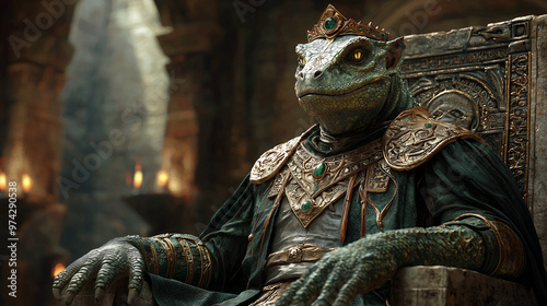 lizard beastfolk royal figure seated on a stone throne in grand hall with elaborate decorations and emerald jewelry