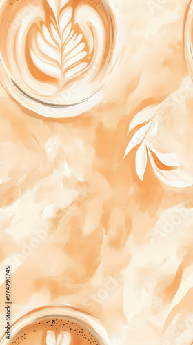 A warm, abstract design featuring soft orange tones with latte art patterns and delicate autumn leaf accents on a textured background