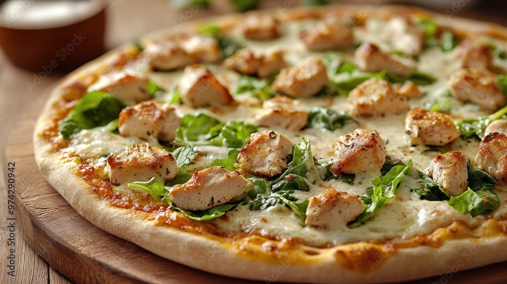 Close-up of a Delicious Chicken and Spinach Pizza Close-up of a Delicious Chicken and Spinach Pizza