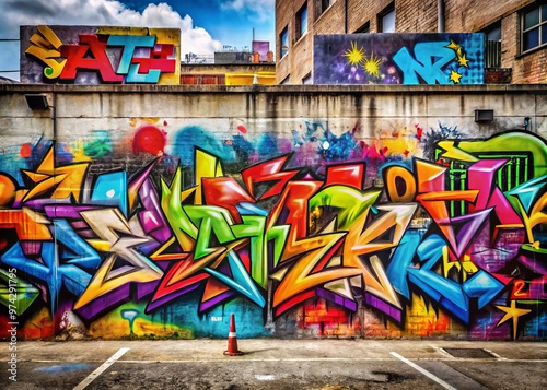 Vibrant multicolored graffiti alphabet letters sprawled across a weathered urban concrete wall, showcasing bold