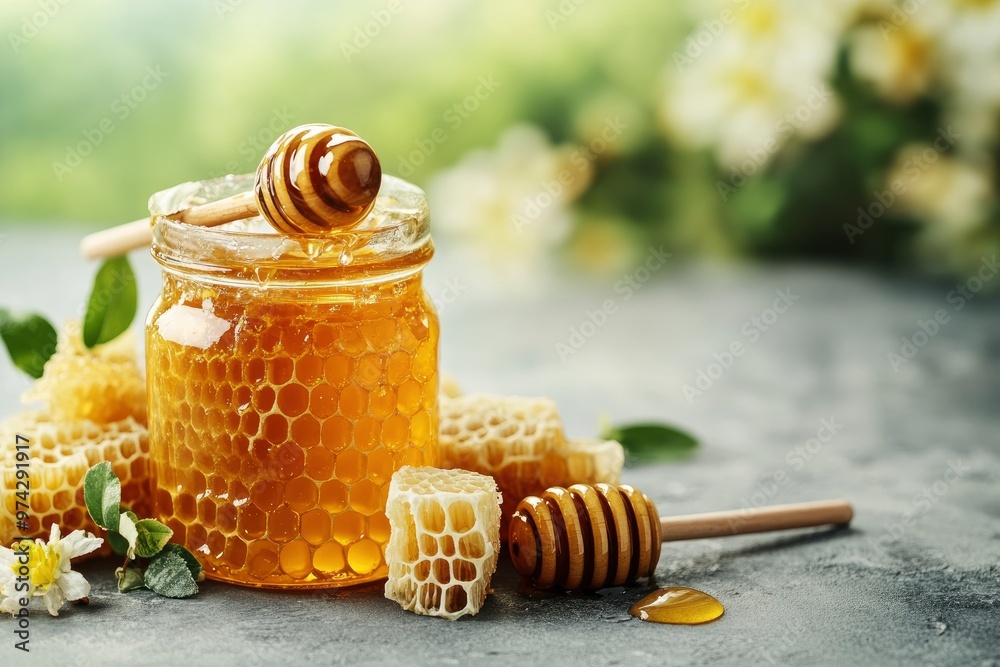 Natural organic honey in glass jar, honey dipper and honeycombs are near. Natural food background, ai Natural organic honey in glass jar, honey dipper and honeycombs are near. Natural food background, ai