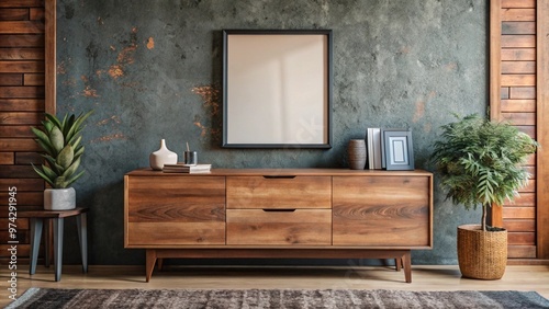 Wooden cabinet, dresser against concrete wall with empty blank mock up poster frame with copy space. Rustic home interior design of modern living room.
