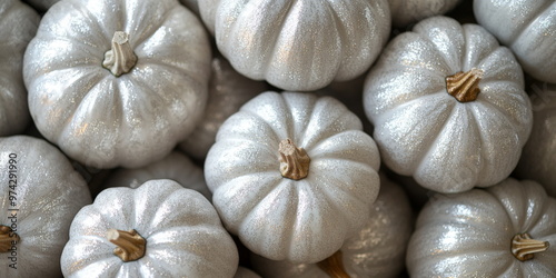 Recently harvested greish silver pumpkins in a random pile photo