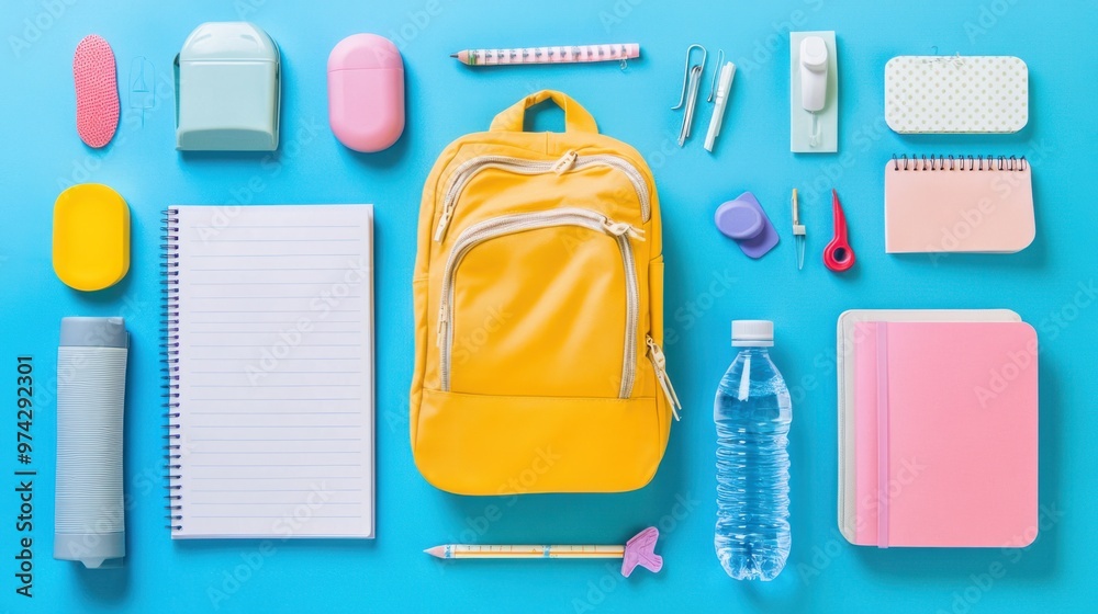A back-to-school supplies set featuring a backpack, notebooks, pencils, erasers, and water bottle, on a white background A back-to-school supplies set featuring a backpack, notebooks, pencils, erasers, and water bottle, on a white background