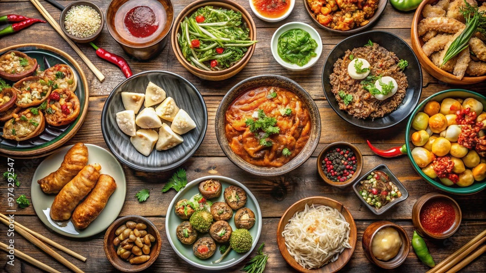 A top-down view of a table full of Chinese dishes. A top-down view of a table full of Chinese dishes.