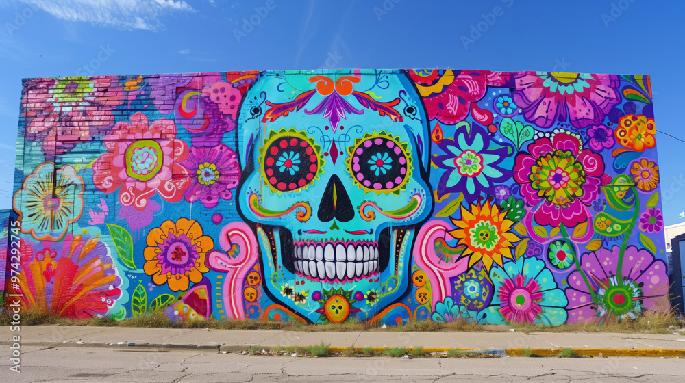 Fototapeta premium A colorful calavera skull street art mural, bringing cultural vibrancy to an urban neighborhood
