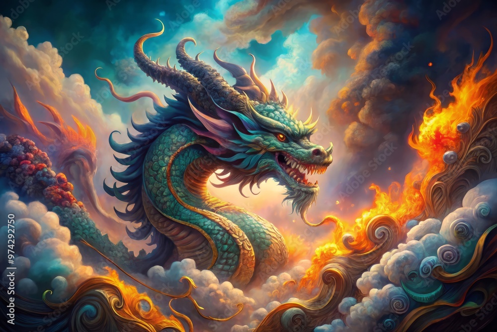 Vibrant mythical dragon emerges from swirling clouds of wispy smoke, surrounded by ancient scrolls, mystical runes, and Vibrant mythical dragon emerges from swirling clouds of wispy smoke, surrounded by ancient scrolls, mystical runes, and