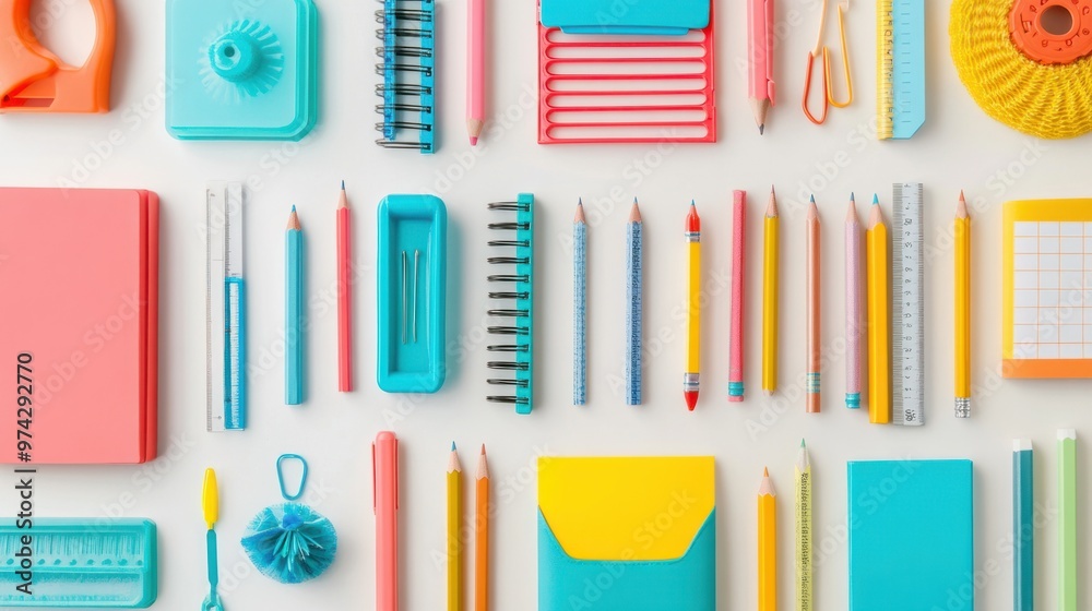 A colorful flat lay of school supplies including pencils, rulers, erasers, and notebooks, neatly arranged on a white background A colorful flat lay of school supplies including pencils, rulers, erasers, and notebooks, neatly arranged on a white background
