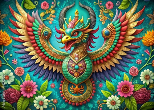 Vibrant, mystical illustration of Aztec feathered serpent deity Quetzalcoatl, adorned with intricate patterns, flowers, photo