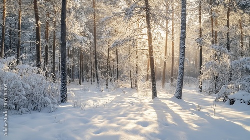 Snowy winter forest, perfect for outdoor activities. Snow-covered trees and ground create a serene scene.