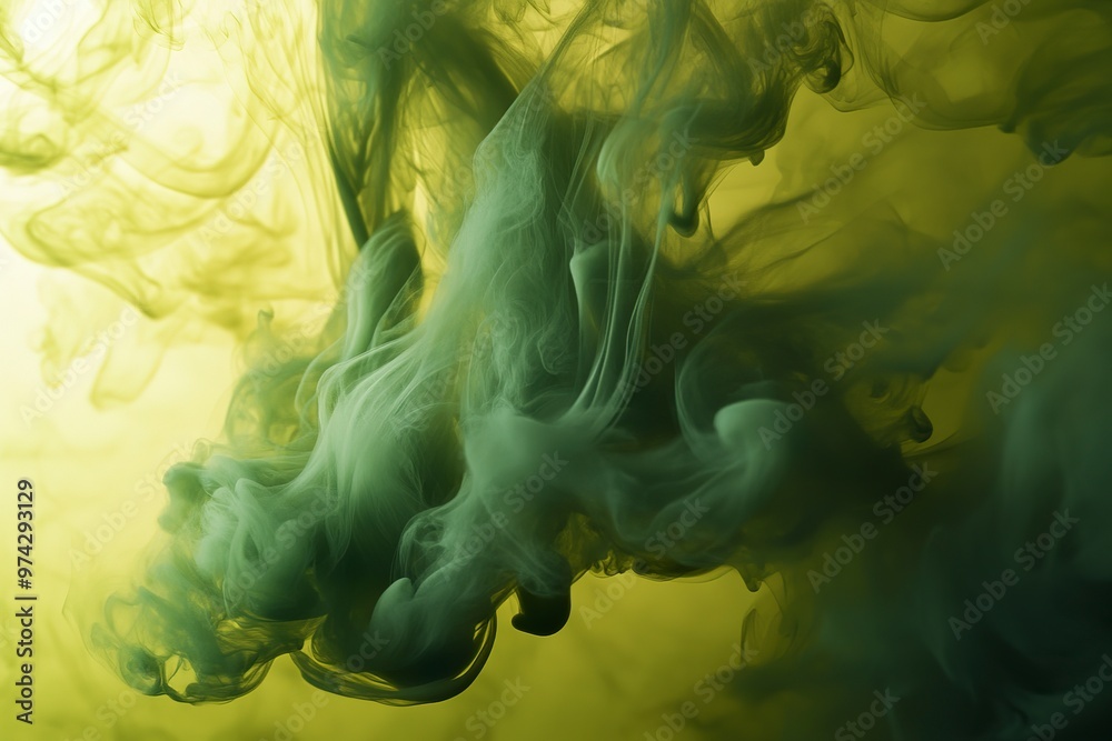 Fototapeta premium Yellowish-green ink swirling in water, forming complex patterns.
