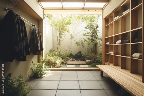 a Japanese-inspired genkan featuring minimalist design Wabi-Sabi principles with natural stone flooring. Incorporate a simple wooden bench with clean lines photo