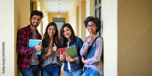 Indian College Students Posing with a Thumbs Up in Campus Hallway with Books in Hand