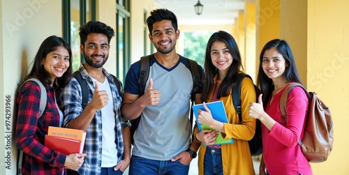 Indian College Students Posing with a Thumbs Up in Campus Hallway with Books in Hand