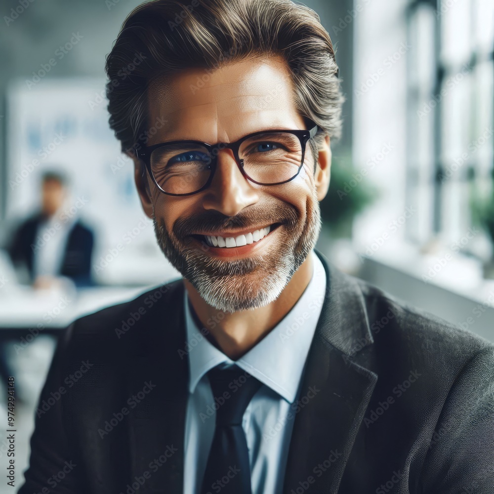 Happy middle aged professional business man, smiling mature executive ceo manager, 45 years old male entrepreneur, confident business owner wearing glasses in office. Headshot portrait.
