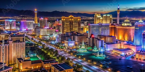 Vibrant nighttime cityscape of Nevada's entertainment capital, with iconic neon lights, casino hotels, and bustling photo