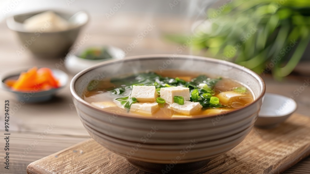 A steaming bowl of miso soup with tofu and wakame seaweed on a rustic wooden table. A steaming bowl of miso soup with tofu and wakame seaweed on a rustic wooden table.