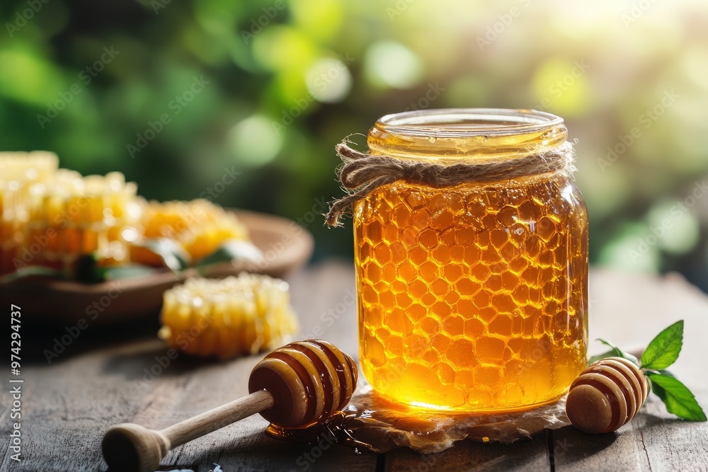 Natural organic honey in glass jar, honey dipper and honeycombs are near. Natural food background, ai Natural organic honey in glass jar, honey dipper and honeycombs are near. Natural food background, ai