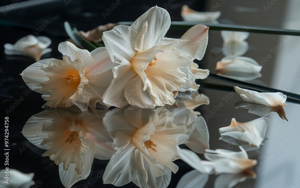 Fototapeta premium White daffodils in a glass vase on a light background