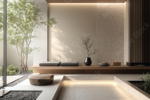a Japanese-inspired genkan featuring minimalist design Wabi-Sabi principles with natural stone flooring. Incorporate a simple wooden bench with clean lines