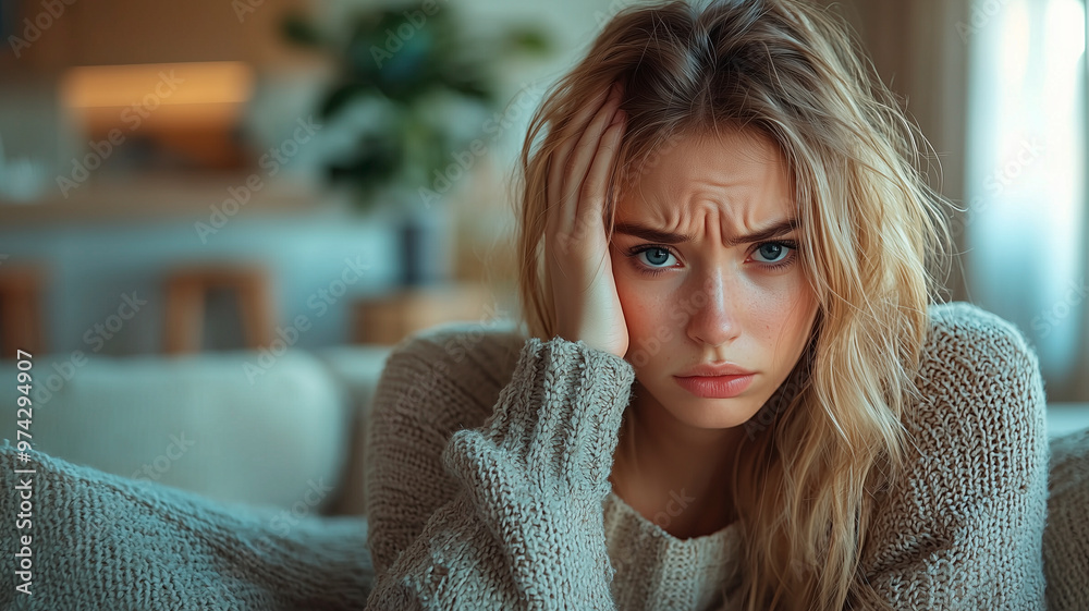 Stressed Young Woman in Cozy Home Setting