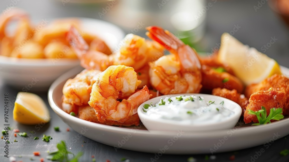 A platter of fried seafood with a dollop of homemade tartar sauce. A platter of fried seafood with a dollop of homemade tartar sauce.