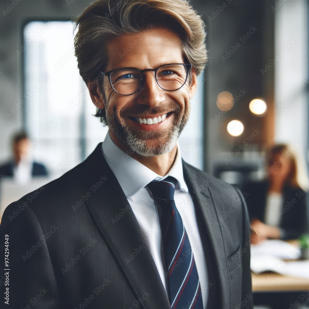 Fototapeta premium Happy middle aged professional business man, smiling mature executive ceo manager, 45 years old male entrepreneur, confident business owner wearing glasses in office. Headshot portrait. 