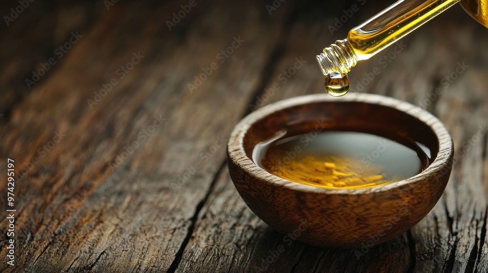 Close-up of a glass dropper filled with herbal oil above a small bowl of natural lotion, set against a dark wood background with space for text Close-up of a glass dropper filled with herbal oil above a small bowl of natural lotion, set against a dark wood background with space for text