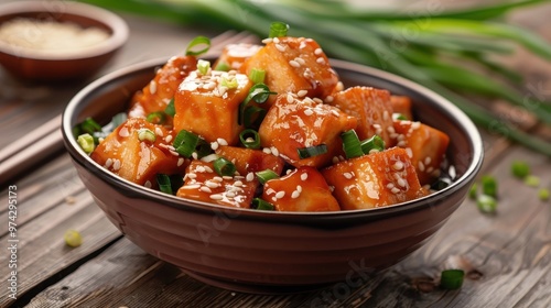 Dish of teriyaki-glazed tofu topped with sesame seeds and onions.