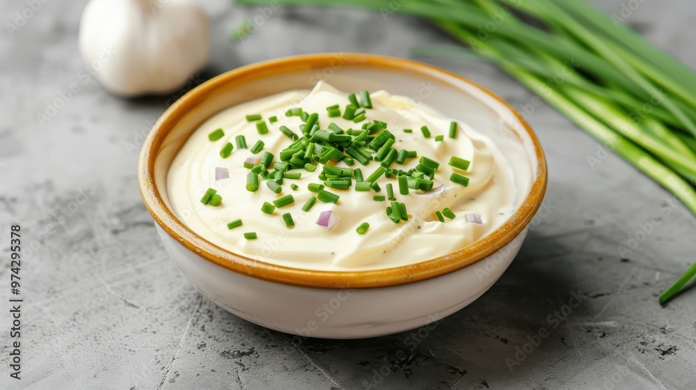 A bowl of crème fraîche with fresh chives on top.