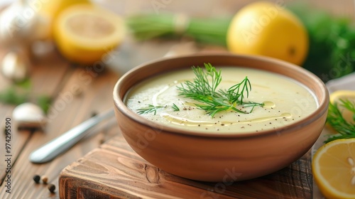 A rustic wooden table with a bowl of steaming avgolemono soup. photo