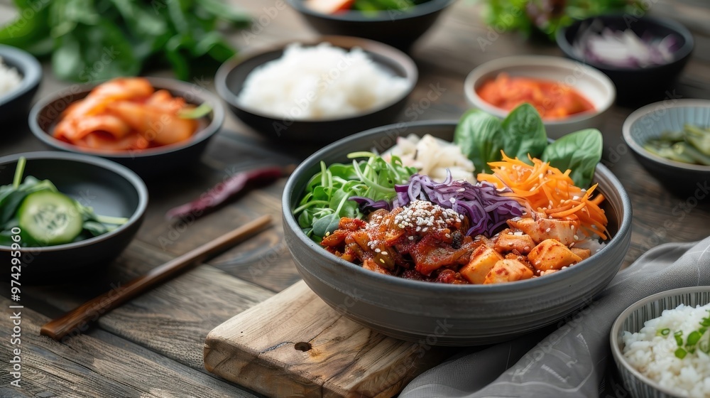 A Korean feast with a bowl of fiery red kimchi sauce. A Korean feast with a bowl of fiery red kimchi sauce.