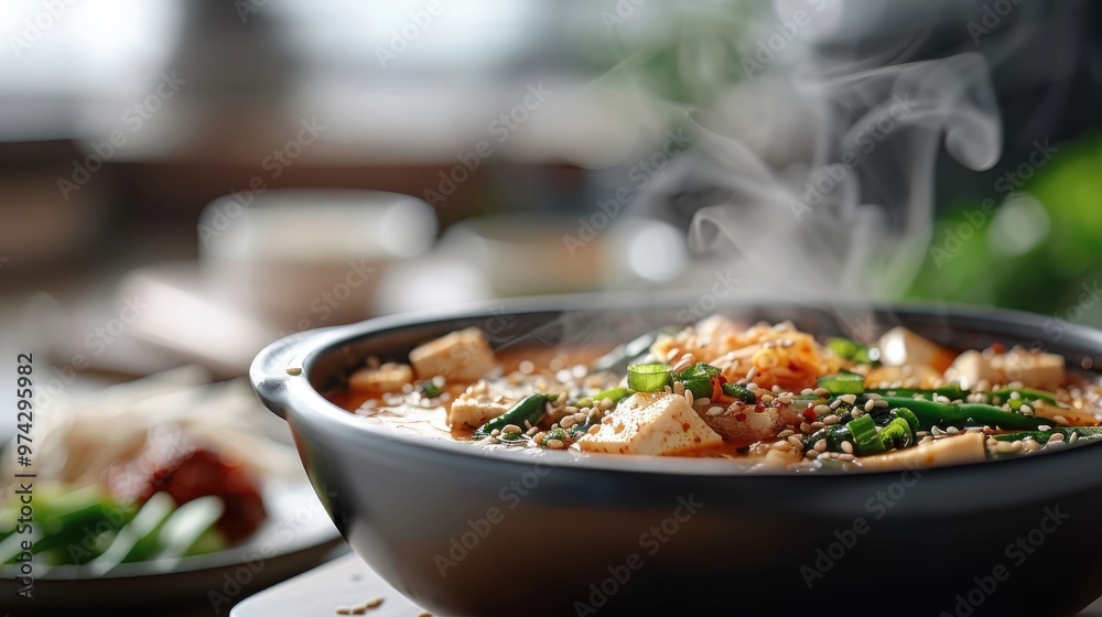 A steaming bowl of kimchi jjigae, a Korean stew with fermented kimchi. A steaming bowl of kimchi jjigae, a Korean stew with fermented kimchi.