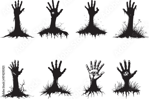 Collection of Halloween zombie hand coming out of the ground vector clean simple silhouette black