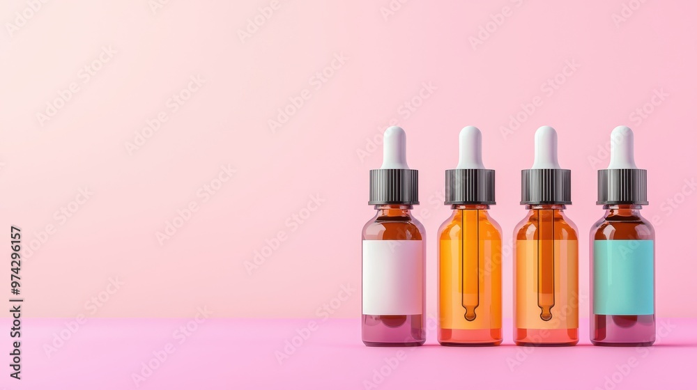 Illustrated focus on a row of dropper bottles with natural medicine inside, isolated on a pastel background with space for additional design elements Illustrated focus on a row of dropper bottles with natural medicine inside, isolated on a pastel background with space for additional design elements