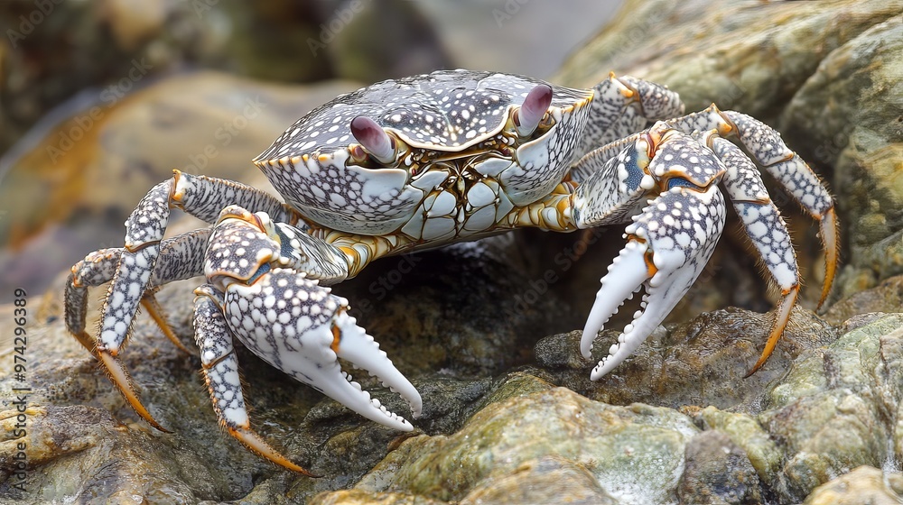 The marbled rock crab has striking white markings. It lives on rocky beaches and hides in the cracks and crevices. The marbled rock crab has striking white markings. It lives on rocky beaches and hides in the cracks and crevices.