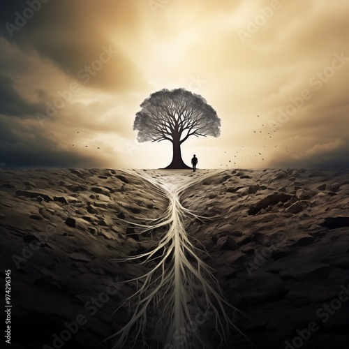 silhouette of a tree in the sunset,Generative Ai illustration