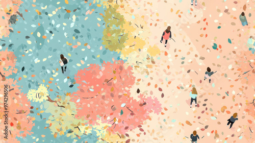 An abstract illustration of people strolling through a park with colorful autumn trees and scattered leaves, capturing the beauty of the fall season