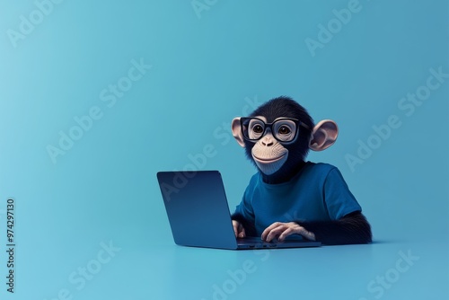 A chimpanzee seated at a desk, typing on a laptop, set against a monochromatic blue background. The image combines elements of whimsy with technology, drawing attention to the unlikely combination.