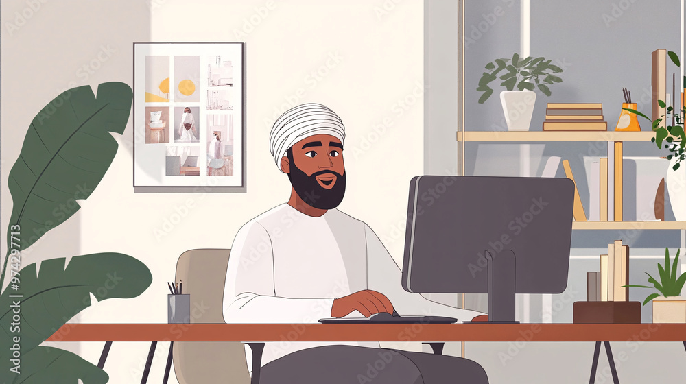 Smiling Muslim Man Working On Computer Smiling Muslim Man Working On Computer