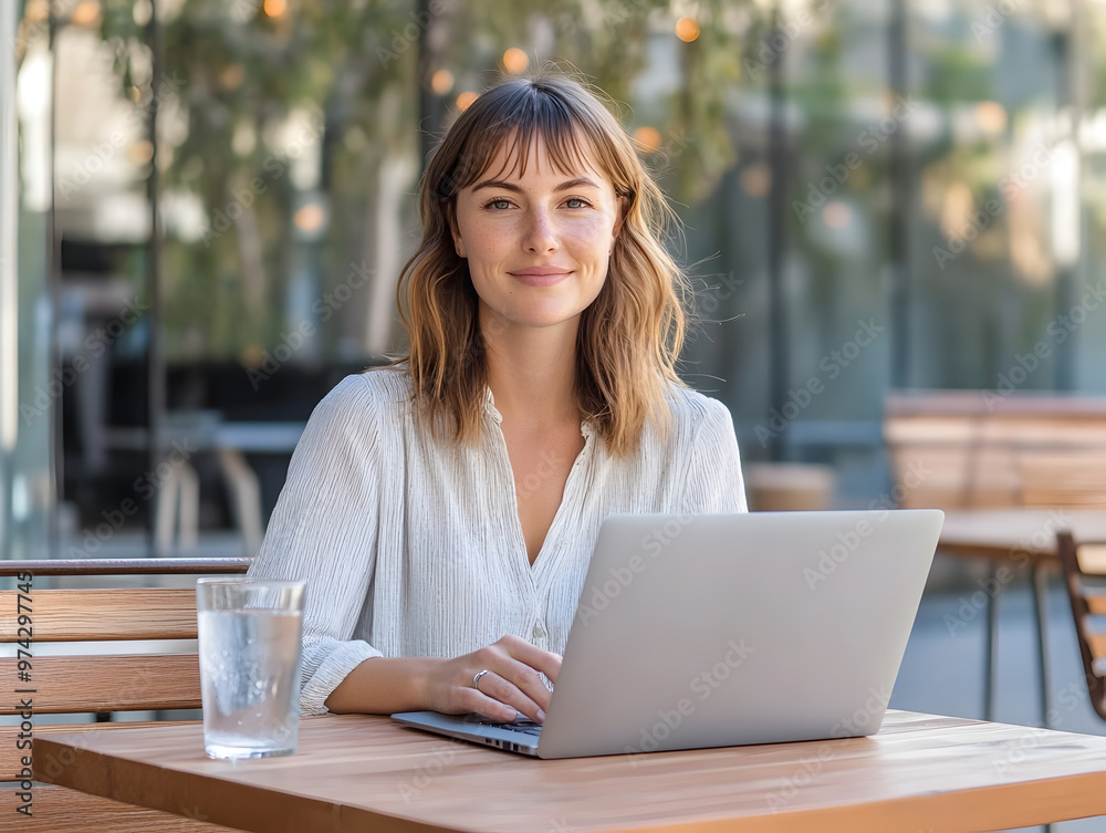 Attractive Woman Working on Laptop at Outdoor Cafe Table with Architectural Elements Attractive Woman Working on Laptop at Outdoor Cafe Table with Architectural Elements